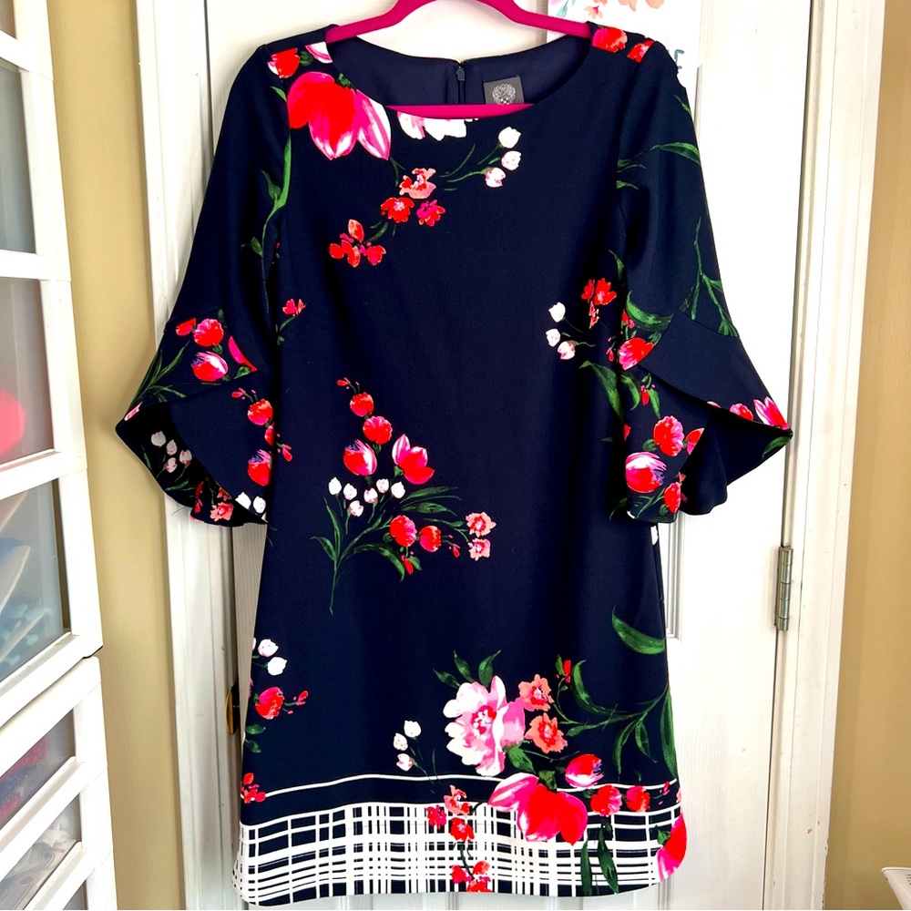 Vince Camuto Dress Navy Blue Floral Print Bell Ruffle Sleeves Size 6